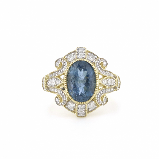 Yellow Gold Santa Maria Aquamarine and Diamond Antique Style Ring