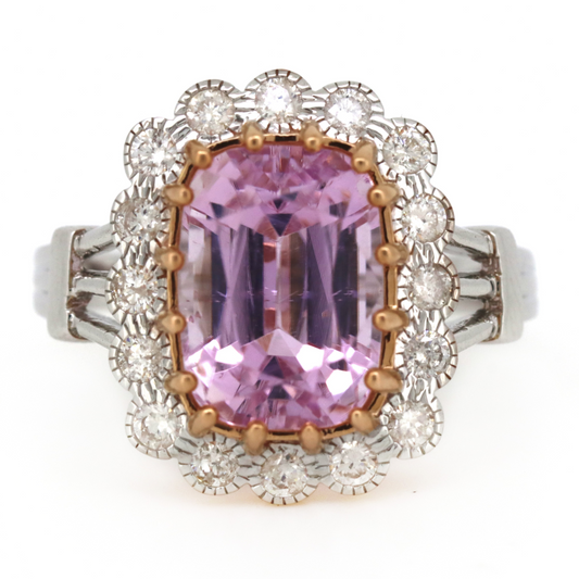 5.48ct White/Rose Gold Kunzite and Diamond Halo Ring