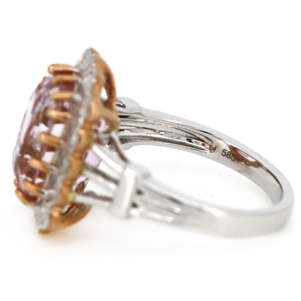 5.48ct White/Rose Gold Kunzite and Diamond Halo Ring