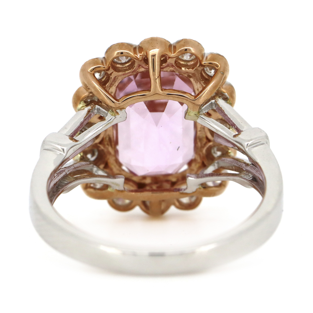 5.48ct White/Rose Gold Kunzite and Diamond Halo Ring