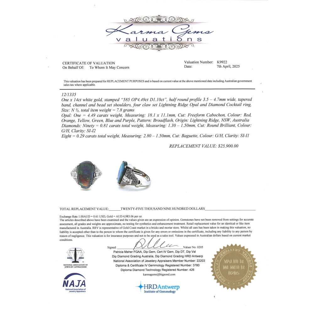 White Gold Lightning Ridge Opal and Diamond Cocktail Ring