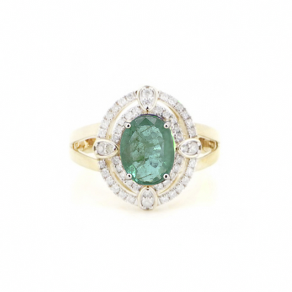 1.74ct Yellow Gold Emerald and Diamond Double Halo Statement Ring