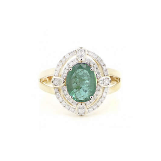 1.74ct Yellow Gold Emerald and Diamond Double Halo Statement Ring