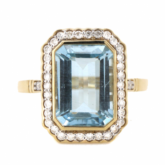 5.24ct Emerald cut Aquamarine & Diamond Halo Ring