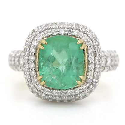 Yellow Gold, 3.52ct Colombian Emerald and Diamond, Cluster Ring