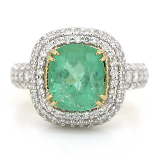 Yellow Gold, 3.52ct Colombian Emerald and Diamond, Cluster Ring