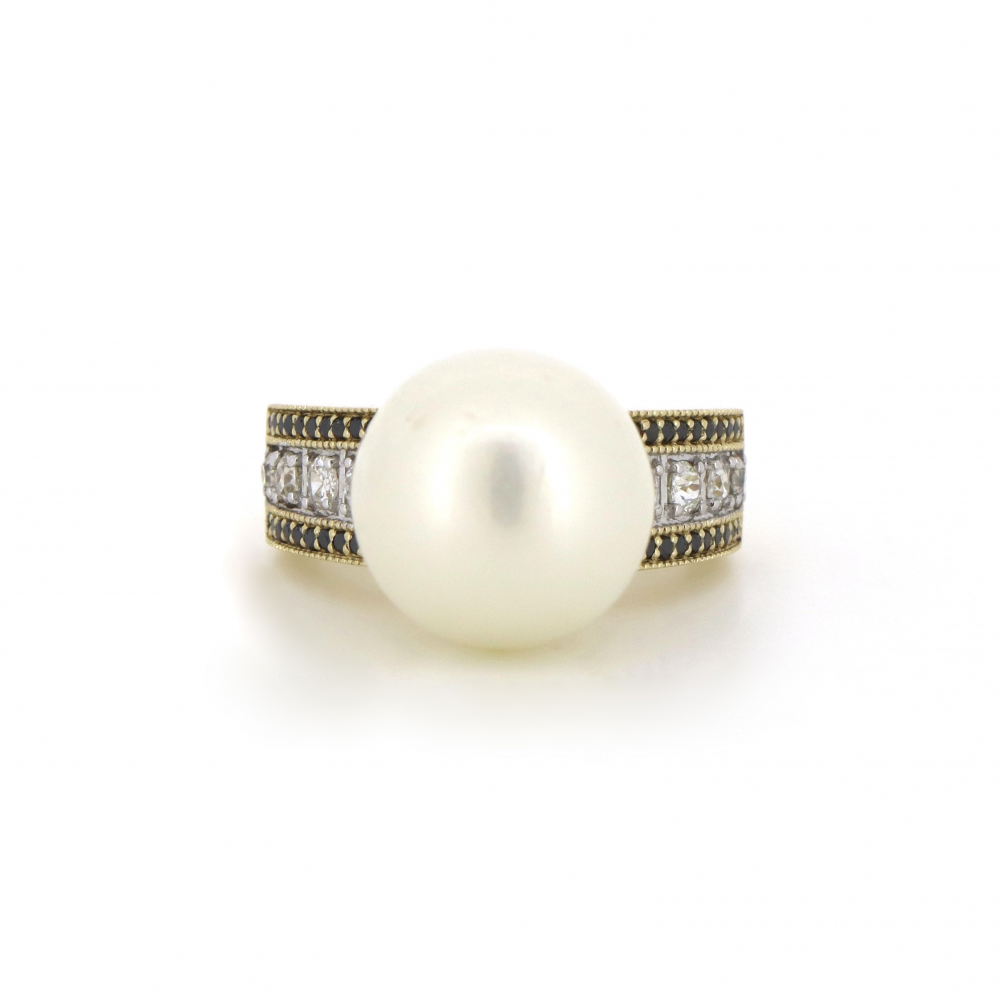 Yellow Gold Pearl and Diamond Cocktail Ring