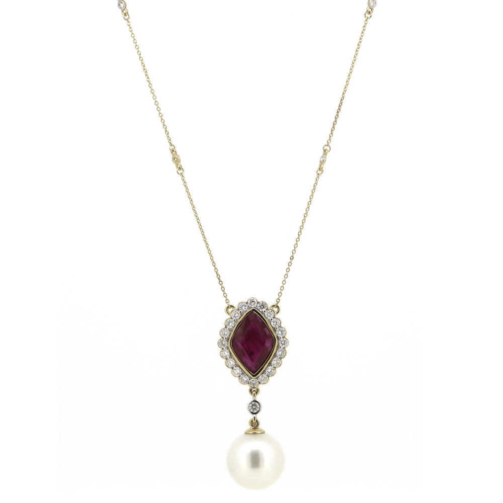 Yellow Gold South Sea Pearl, Ruby & Diamond Necklace