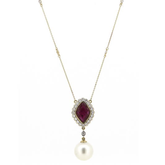 Yellow Gold South Sea Pearl, Ruby & Diamond Necklace