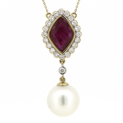 Yellow Gold South Sea Pearl, Ruby & Diamond Necklace