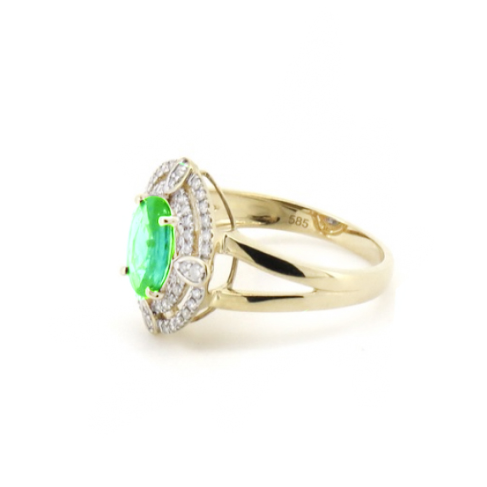 1.74ct Yellow Gold Emerald and Diamond Double Halo Statement Ring