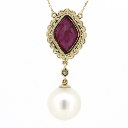 Yellow Gold South Sea Pearl, Ruby & Diamond Necklace