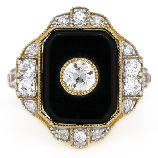 Yellow Gold Onyx and Diamond Art Deco Inspired Ring
