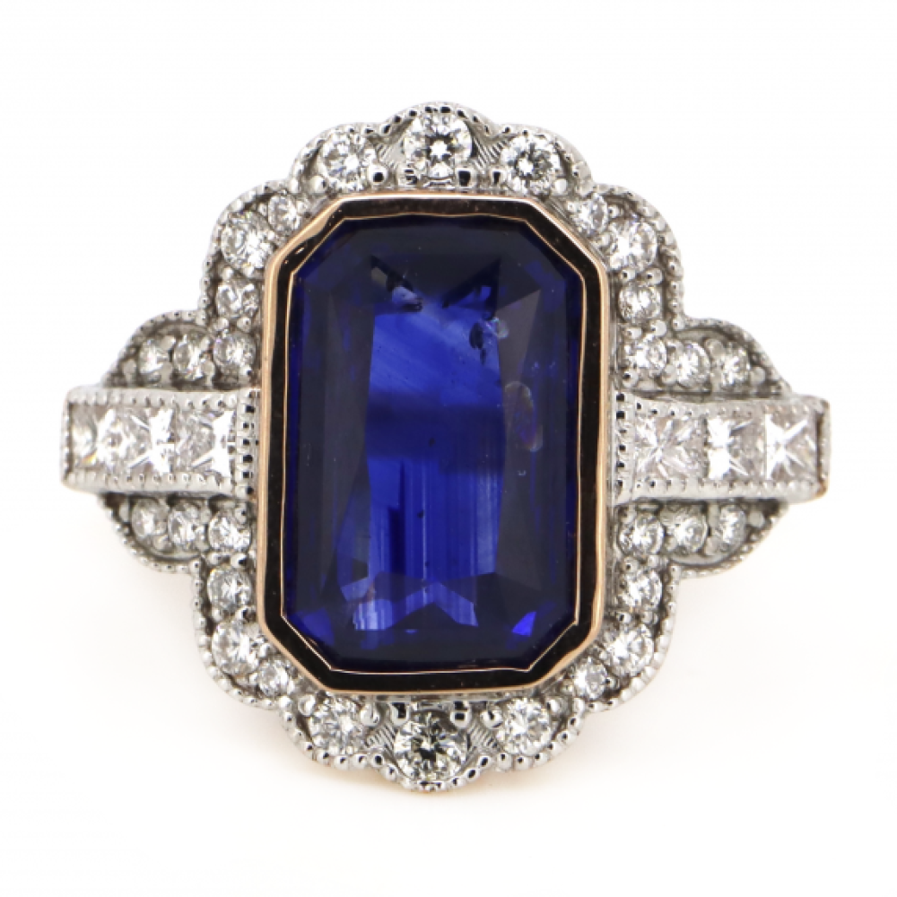 5.56ct Rose Gold, Blue Sapphire and Diamond, Antique Inspired Ring
