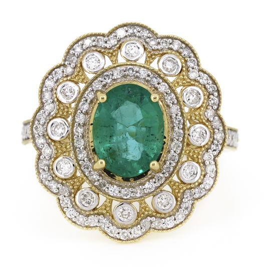 Yellow Gold Colombian Emerald & Diamond Cluster Ring