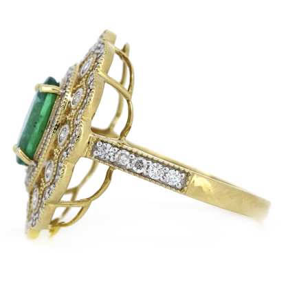 Yellow Gold Colombian Emerald & Diamond Cluster Ring