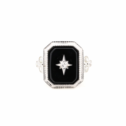 White Gold, Black Onyx and Diamond, Art Deco Inspired Ring