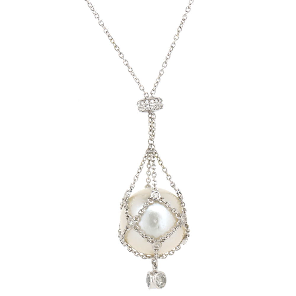 White Gold, Cultured South Sea Pearl and Diamond "Cage" Necklace