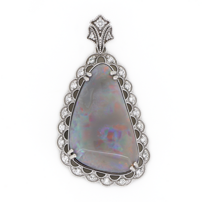 White Gold Lightning Ridge Opal and Diamond Pendant