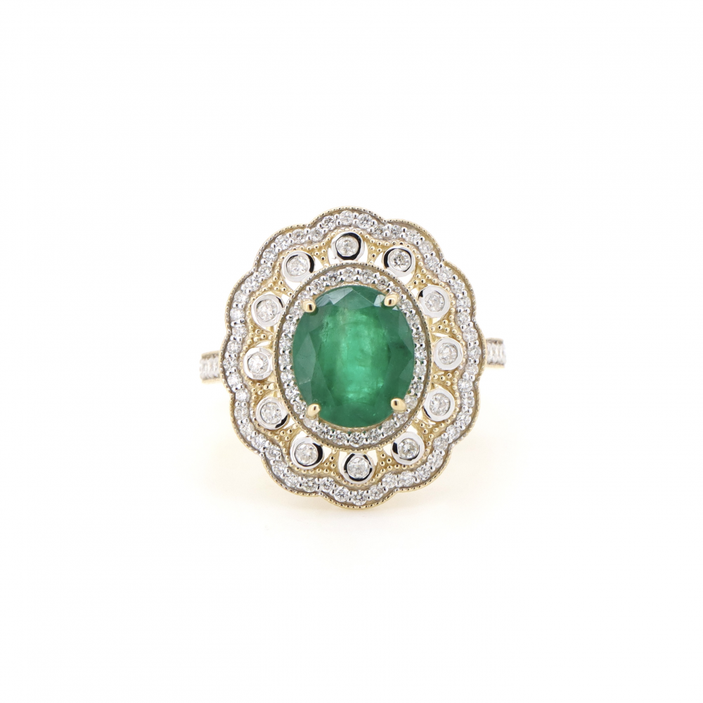 1.93ct Yellow Gold Emerald and Diamond Double Halo Statement Ring