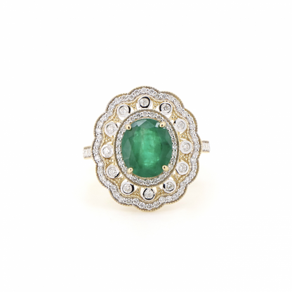 1.93ct Yellow Gold Emerald and Diamond Double Halo Statement Ring