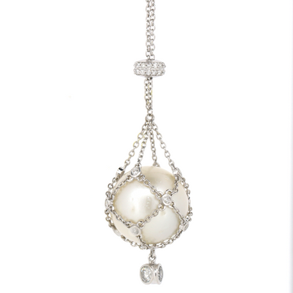 White Gold, Cultured South Sea Pearl and Diamond "Cage" Necklace