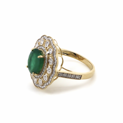 1.93ct Yellow Gold Emerald and Diamond Double Halo Statement Ring