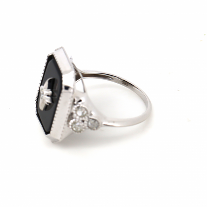 White Gold, Black Onyx and Diamond, Art Deco Inspired Ring