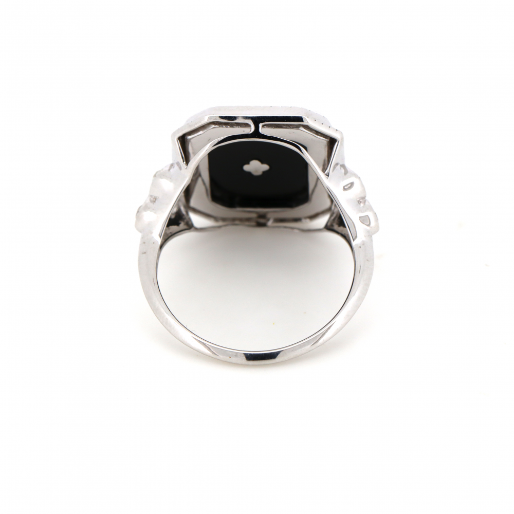 White Gold, Black Onyx and Diamond, Art Deco Inspired Ring