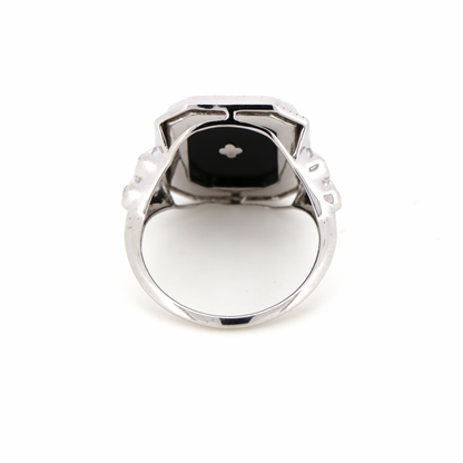 White Gold, Black Onyx and Diamond, Art Deco Inspired Ring