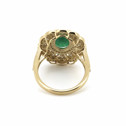 1.93ct Yellow Gold Emerald and Diamond Double Halo Statement Ring