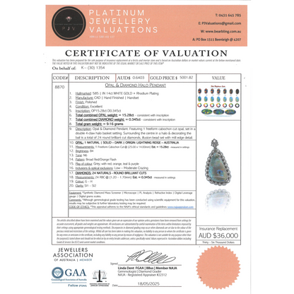 White Gold Lightning Ridge Opal and Diamond Pendant