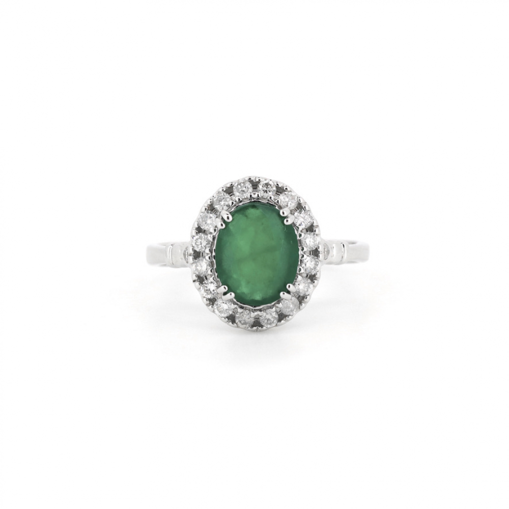 14K White Gold, Emerald and Diamond Halo Ring