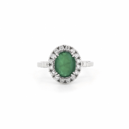 14K White Gold, Emerald and Diamond Halo Ring