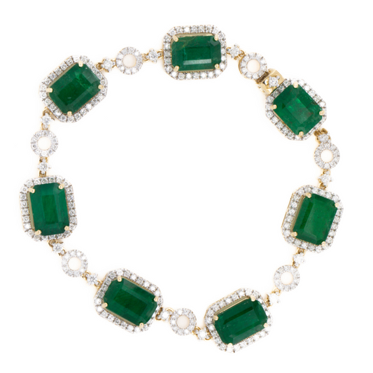 Yellow Gold Emerald and Diamond Halo Bracelet