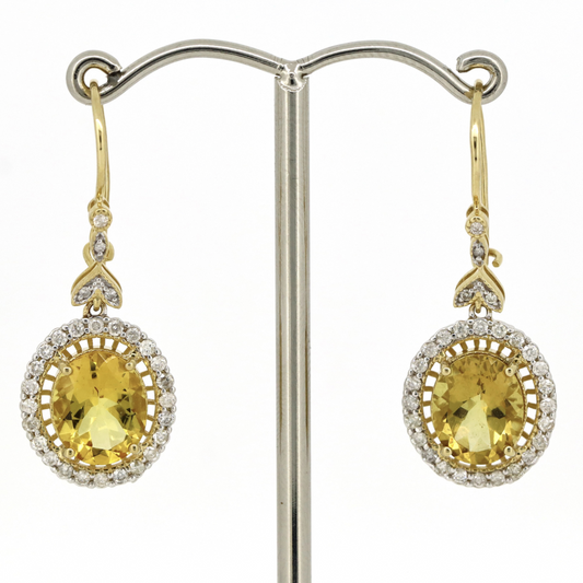 Yellow Gold Heliodor and Diamond Vintage Inspired Drop Earrings