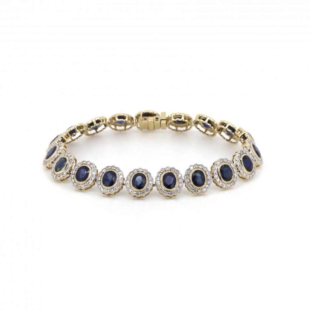 Yellow/White Gold Blue Sapphire and Diamond Halo Bracelet