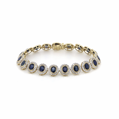 Yellow/White Gold Blue Sapphire and Diamond Halo Bracelet