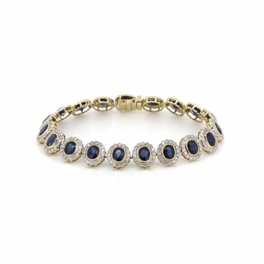 Yellow/White Gold Blue Sapphire and Diamond Halo Bracelet