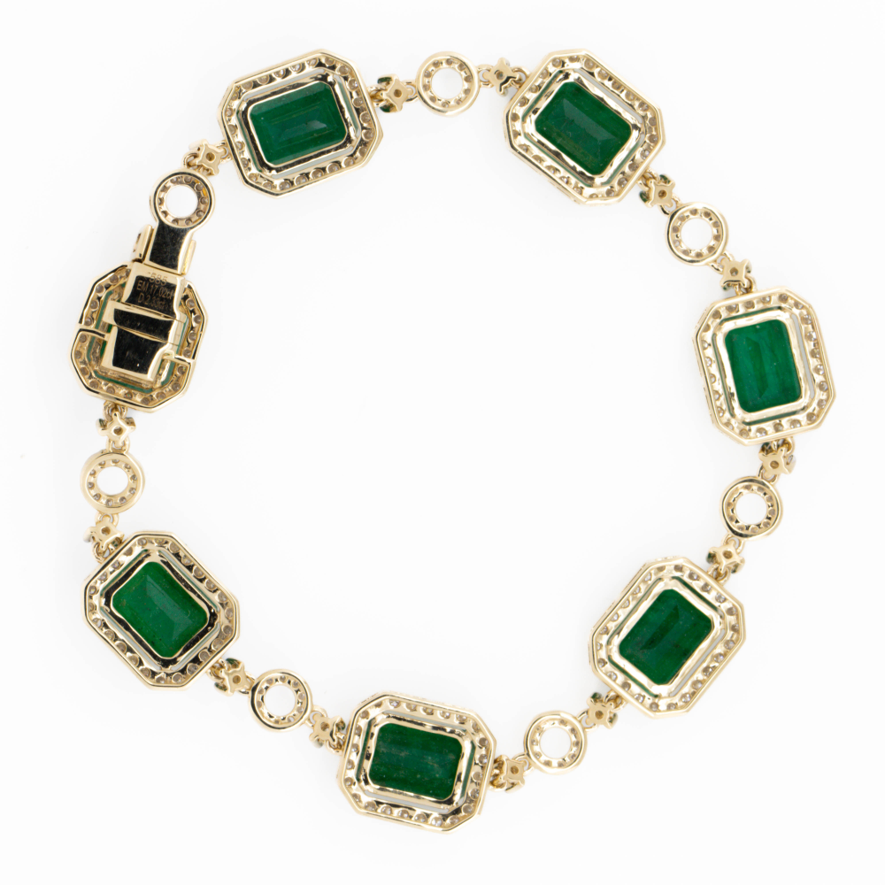Yellow Gold Emerald and Diamond Halo Bracelet
