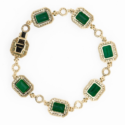 Yellow Gold Emerald and Diamond Halo Bracelet