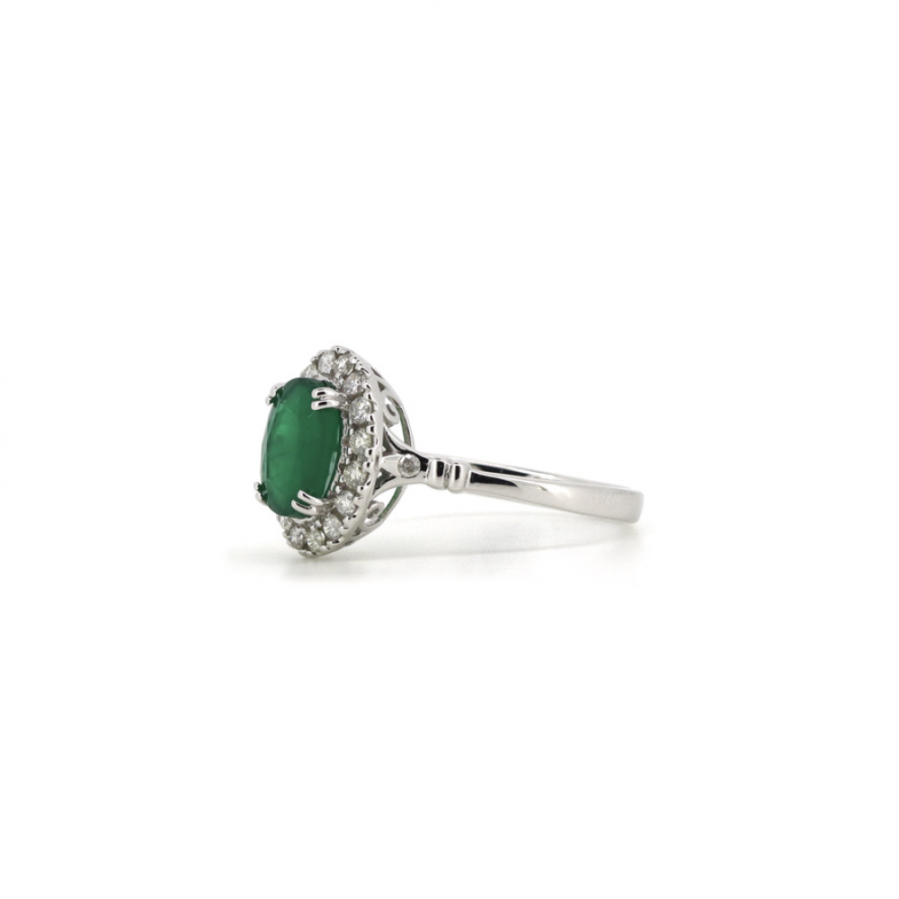 14K White Gold, Emerald and Diamond Halo Ring