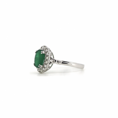 14K White Gold, Emerald and Diamond Halo Ring