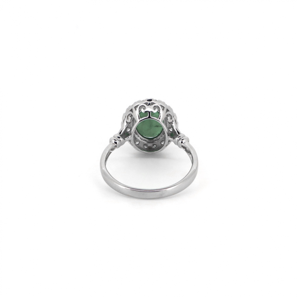 14K White Gold, Emerald and Diamond Halo Ring