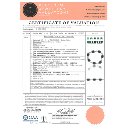 Yellow Gold Emerald and Diamond Halo Bracelet