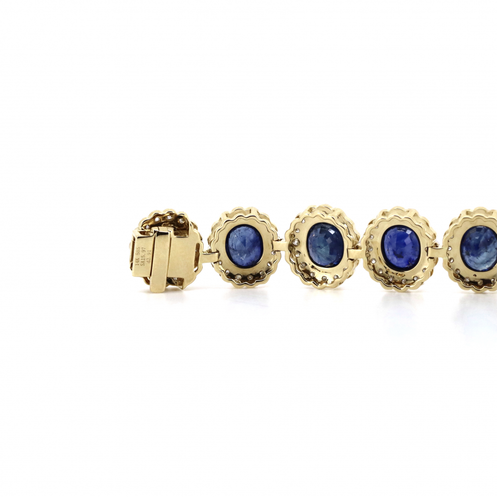 Yellow/White Gold Blue Sapphire and Diamond Halo Bracelet