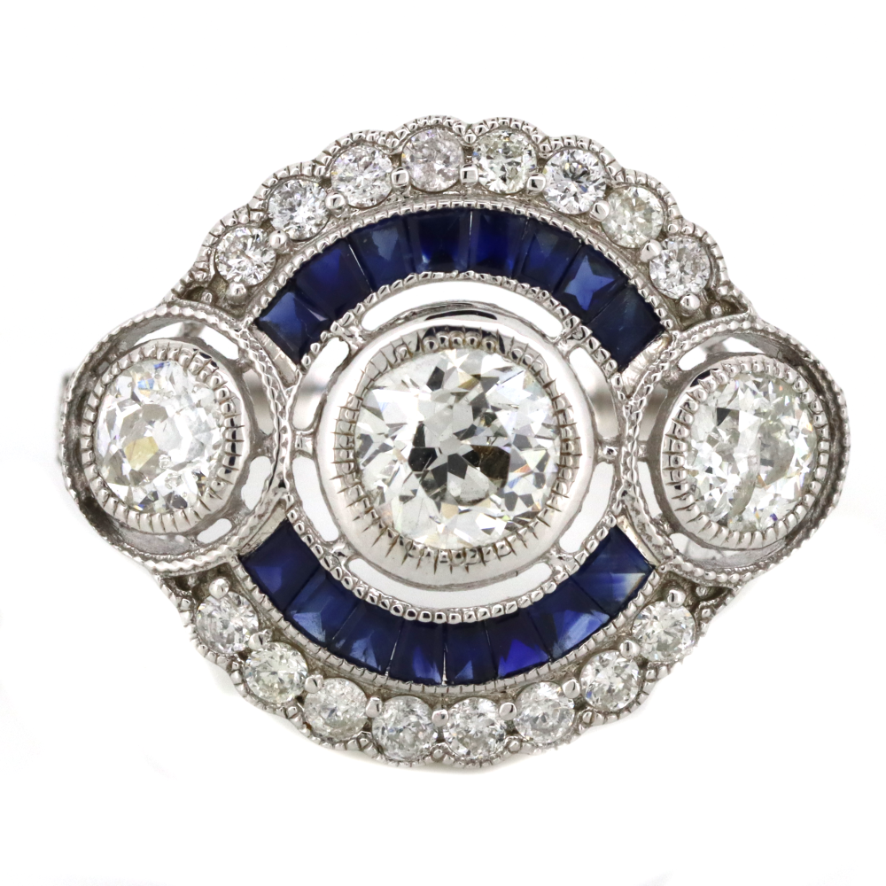 White Gold Blue Sapphire & Diamond Ornate Ring