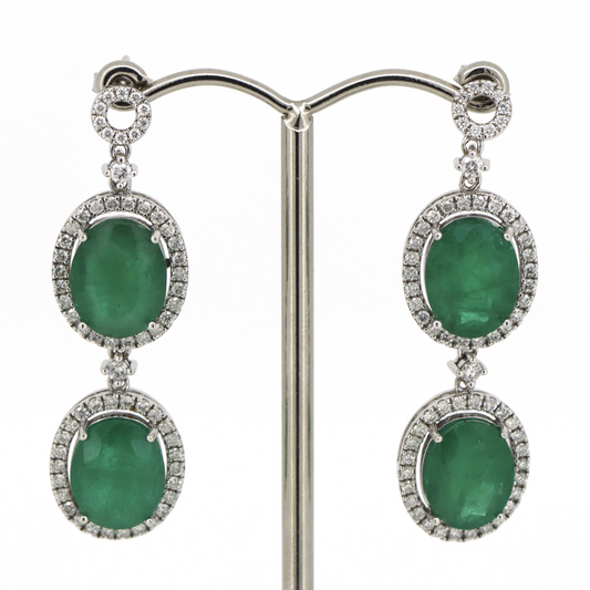White Gold, Emerald and Diamond, Double Drop Earrings