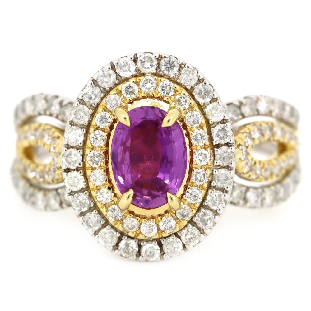 0.96ct White/Yellow Gold Pink Sapphire and Diamond Double Halo Ring