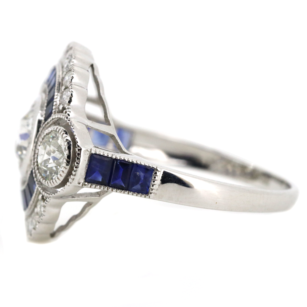 White Gold Blue Sapphire & Diamond Ornate Ring